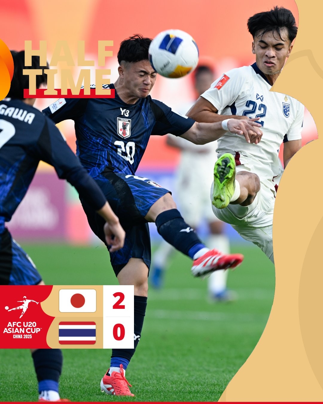  半場(chǎng)-日本U20 2-0領(lǐng)先泰國(guó)U20，石井久繼破門+中柱 泰國(guó)0射正