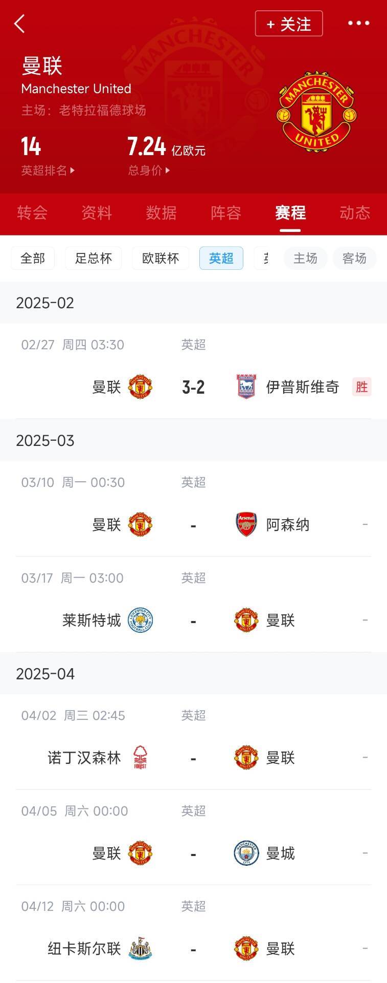  藍狐救一下？曼聯(lián)未來5輪將遭遇英超2/3/4/6名：槍手森林曼城紐卡