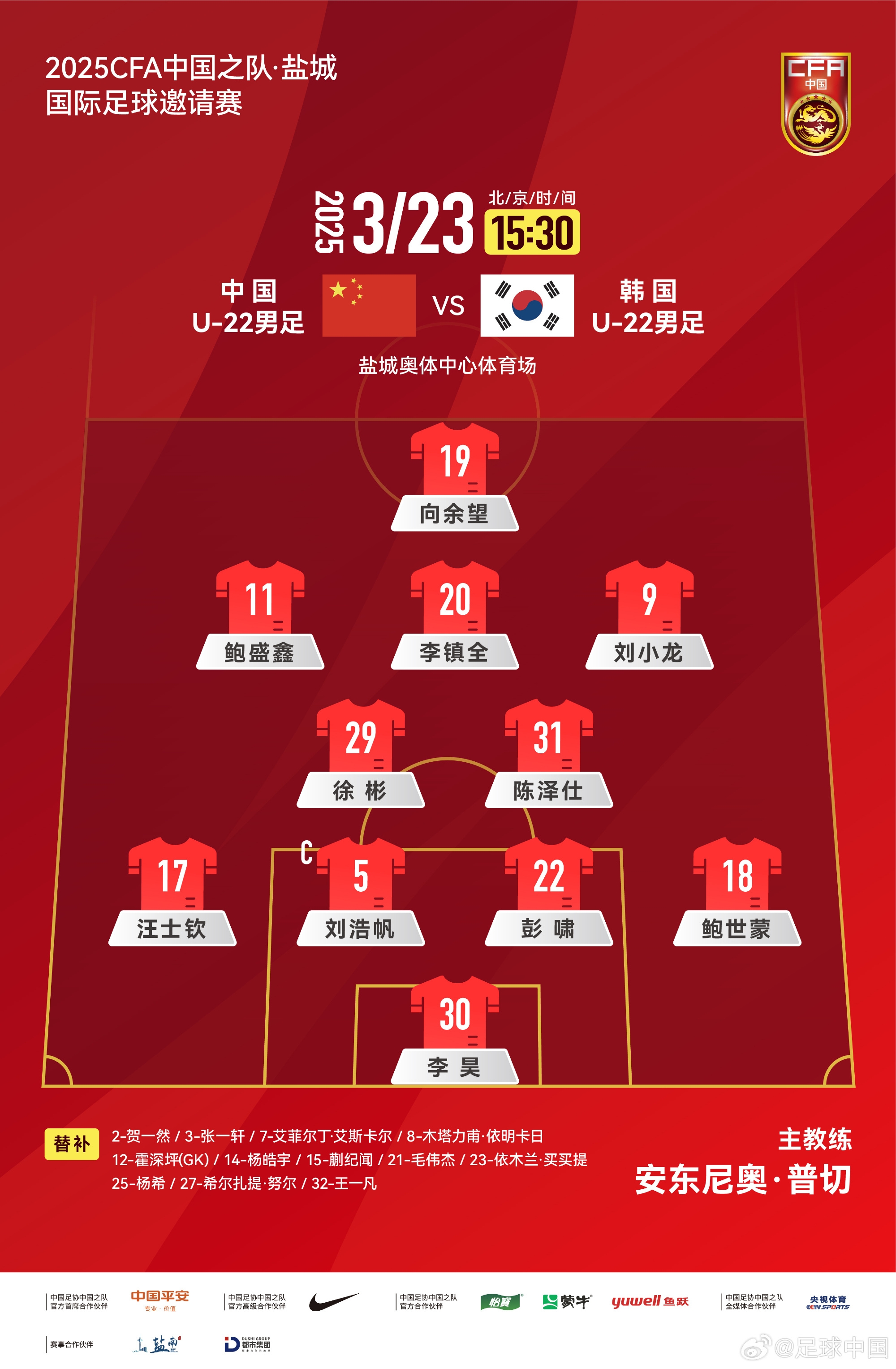  鹽城四國賽，中國U-22男足對(duì)陣韓國U-22男足，中國隊(duì)首發(fā)陣容