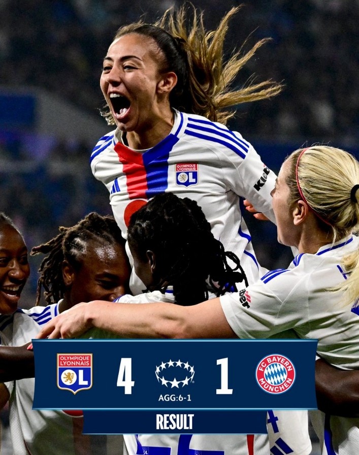  里昂女足4-1大勝拜仁女足，總比分6-1晉級女足歐冠半決賽
